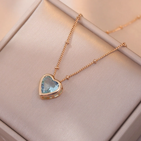 Collana Con Ciondolo A Cuore Acciaio Al Titanio Zircone Blu Placcato Oro Rosa Catena A Sfere Gioielli Moda Elegante