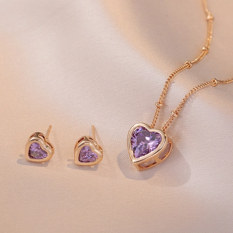 Lila Herz Zirkon Anhänger Halskette Und Ohrringe Titanstahl Schmuck Eleganter Koreanischer Stil Für Frauen