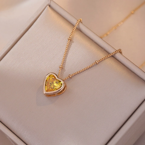 Collana Con Pendente A Cuore In Acciaio Al Titanio Con Zircone Giallo Limone Gioielli Eleganti Da Donna