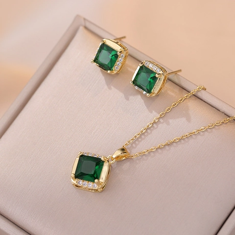 Emerald Green Square Zircon Pendant Necklace And Stud Earrings Titanium Steel Luxury Jewelry For Women