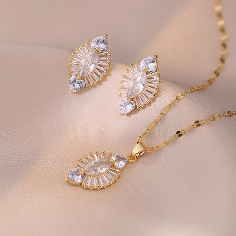 Collana Con Ciondolo In Zircone Marquise E Orecchini In Acciaio Inossidabile Design Geometrico Radiante Gioielli Eleganti Da Donna