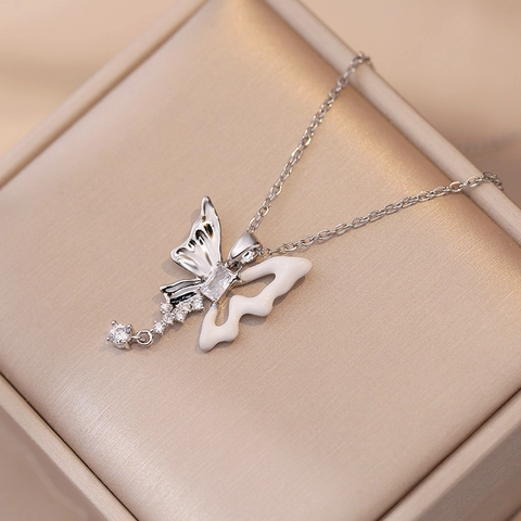 Stainless Steel Butterfly Tassel Pendant Necklace For Women Enamel Zircon Inlay Gold Silver Fashion Commuter Jewelry Gift