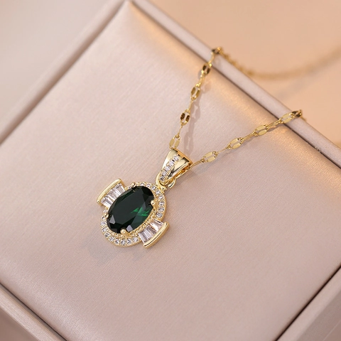 Collana Vintage Zircone Verde Smeraldo Ovale Geometrico Acciaio Titanio Placcato Oro Lusso Catena Clavicola Donne