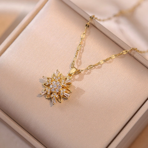 Collier Pendentif Flocon De Neige Rotatif Acier Inoxydable Zircon Incrusté Bijoux Floraux Pour Femmes Cadeau Élégant