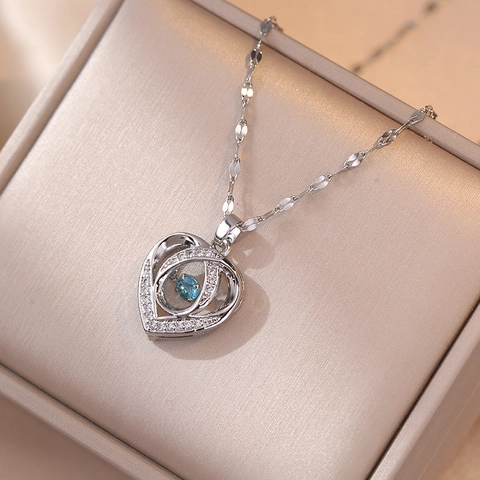 Titanium Steel Heart Pendant Necklace With Blue Zircon Inlay Double Layered Hollow Design Trendy Jewelry For Women
