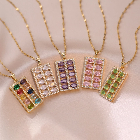 Abacus Pendant Necklace Stainless Steel Zircon Colorful Gemstone Square Rhinestone Clavicle Chain Trendy Jewelry Women