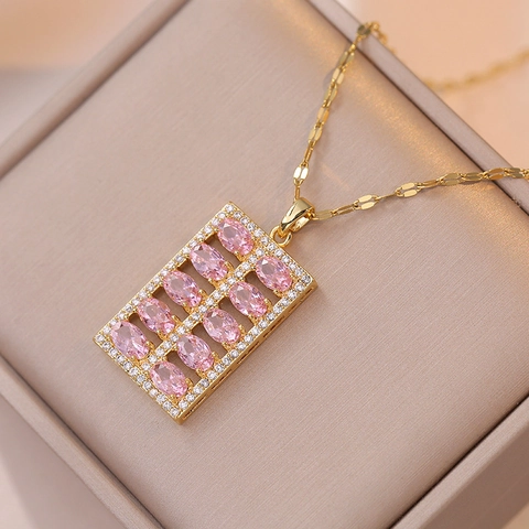 Abacus Pendant Necklace Stainless Steel Zircon Colorful Gemstone Square Rhinestone Clavicle Chain Trendy Jewelry Women