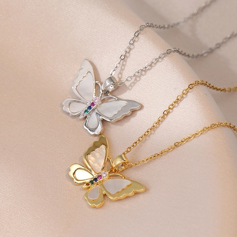 Butterfly Pendant Necklace Stainless Steel Mother Of Artificial Pearl Multi Color Zirconia Clavicle Chain For Women Fashion Jewelry