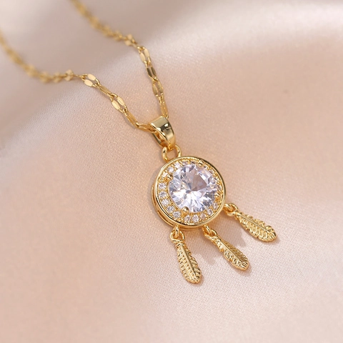 Bohemian Dreamcatcher Pendant Necklace For Women Titanium Steel Zirconia Inlaid Feather Tassel Collar Chain Elegant Jewelry Gift