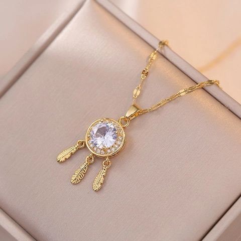 Bohemian Dreamcatcher Pendant Necklace For Women Titanium Steel Zirconia Inlaid Feather Tassel Collar Chain Elegant Jewelry Gift