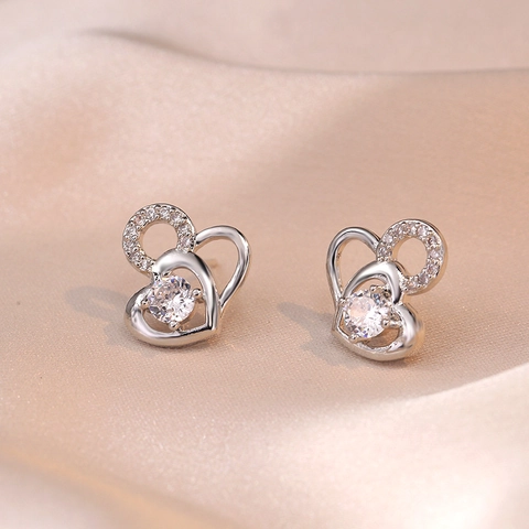 Hart Oorknopjes Voor Dames Koper Met Zirkoon Strass Dubbel Hart Koreaanse Stijl Elegante Sieraden