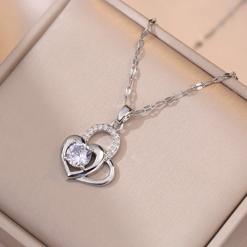 Herz Anhänger Halskette Titanstahl Verschachtelte Doppelherzen Zirkonia Eingelegt Schlüsselbein Kette Minimalistischer Schmuck