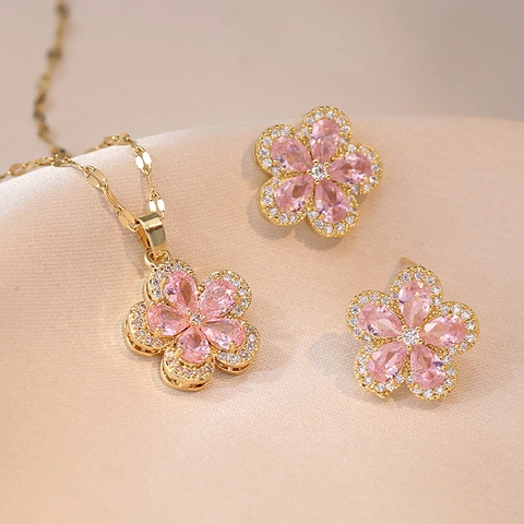 Collana E Orecchini Con Fiori In Zircone Rosa Pendente In Cristallo Rosa Ciliegio Per Donna Acciaio Al Titanio Chic