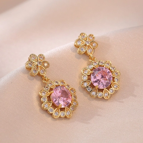 Orecchini a Fiore in Rame Zircone Rosa Per Donna Orecchini a Lobo Floreali con Strass Gioielli Matrimonio