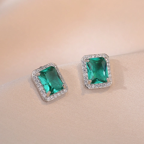 Smaragdgrüne Zirkon Geometrische Rechteckige Ohrringe Mit 925 Sterling Silber Ohrstecker Kupfer Halo Schmuck Für Damen