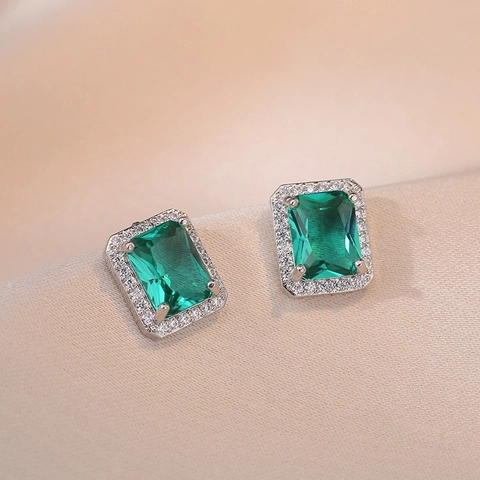 Smaragdgrüne Zirkon Geometrische Rechteckige Ohrringe Mit 925 Sterling Silber Ohrstecker Kupfer Halo Schmuck Für Damen