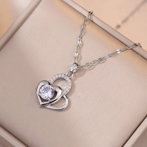 Herz Anhänger Halskette Titanstahl Verschachtelte Doppelherzen Zirkonia Eingelegt Schlüsselbein Kette Minimalistischer Schmuck