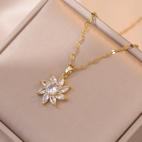 Titanstahl Sonnenblume Anhänger Halskette Gold Überzogen Funkelnde Zirkonia Daisy Mehrlagiger Schmuck Mode Damen Trendy