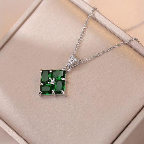Emerald Green Cubic Zirconia Necklace Earrings Ring Geometric Square Windmill Jewelry Titanium Steel Light Luxury Women