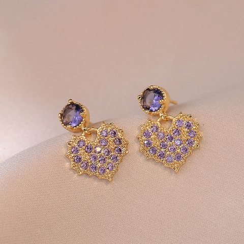 Purple Heart Drop Earrings Copper With Rhinestones And Silver Earring Post Korean Style For Women