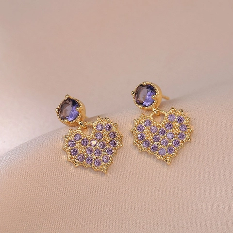 Purple Heart Drop Earrings Copper With Rhinestones And Silver Earring Post Korean Style For Women