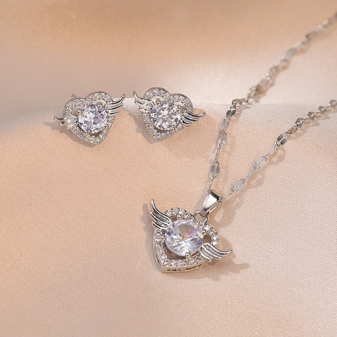 Collier Et Boucles D'oreilles Cœur Aile D'ange Acier Inoxydable Zircon Cubique Strass Bijoux Romantiques Pour Femmes