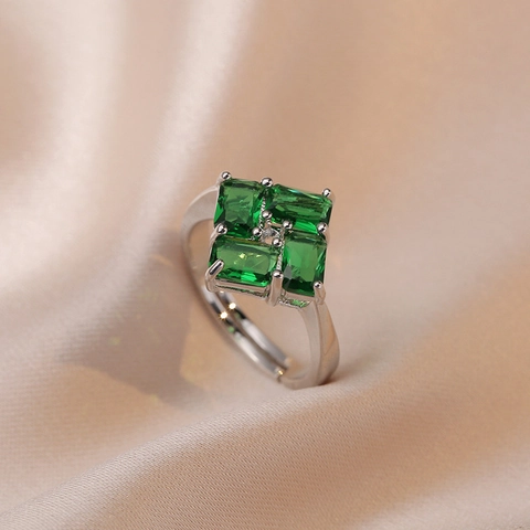 Adjustable Open Ring Alloy Zircon Crystal Geometric Square Emerald Green Blue Fashion Elegant Accessory For Women