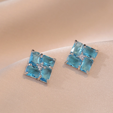 Blue Zircon Geometric Titanium Steel Jewelry Necklace Earrings Adjustable Ring Fashion Light Luxury Women