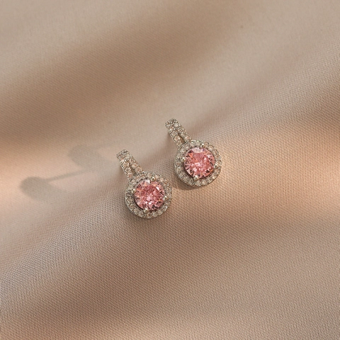 Orecchini A Lobo Fiore Zircone Rame Pietra Rosa Stile Coreano Elegante Moda Per Donna