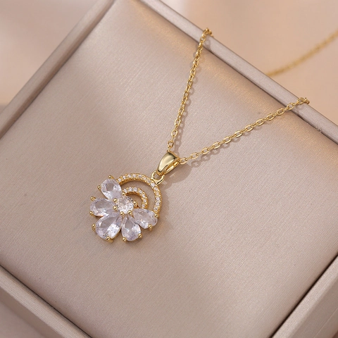 Ensemble Collier Et Boucles D'oreilles Pendentif Fleur Élégant Acier Inoxydable Plaqué Or Zircon Goutte D'eau Femmes