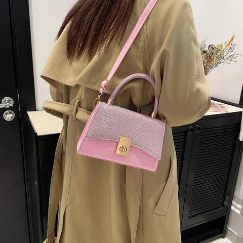 Borsa a Tracolla Quadrata da Donna Retrò Con Strass Luccicanti in Pelle PU Con Chiusura a Vite Dorata