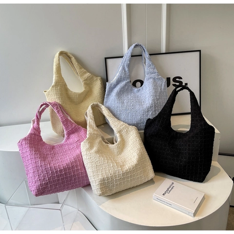 Women Korean Fashion Waffle Texture Popcorn Fabric Tote Bag Large Capacity Minimalist Hobo Shoulder Bag Commuting Handbag