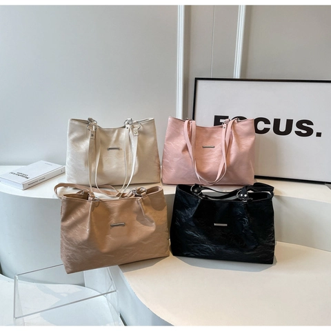 Damen Tote Bag PU Leder Faltenstruktur Große Kapazität Pendler Schultertasche Handtasche Minimalistisch Lässig Mode