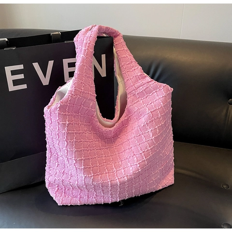 Women Korean Fashion Waffle Texture Popcorn Fabric Tote Bag Large Capacity Minimalist Hobo Shoulder Bag Commuting Handbag