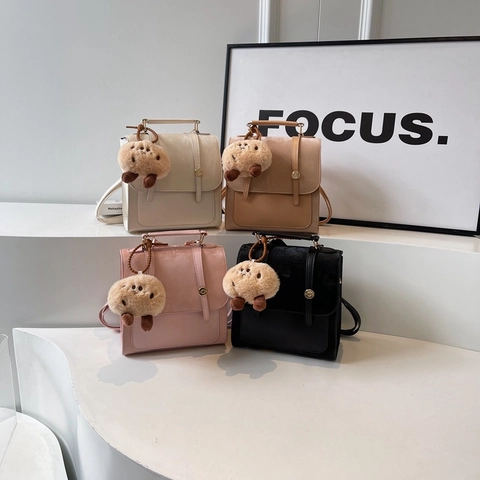 Women Vintage Spliced PU Leather Small Square Backpack With Plush Charm Elegant Street Fashion Crossbody Bag For Daily Commuting
