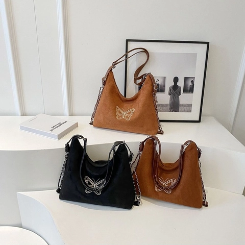 Damen Vintage Schmetterling Bestickt Hobo Schultertasche Große Kapazität Wildleder-Optik PU Leder Tote Bag Mit Metallkette