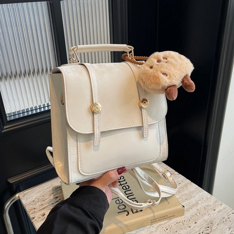 Women Vintage Spliced PU Leather Small Square Backpack With Plush Charm Elegant Street Fashion Crossbody Bag For Daily Commuting