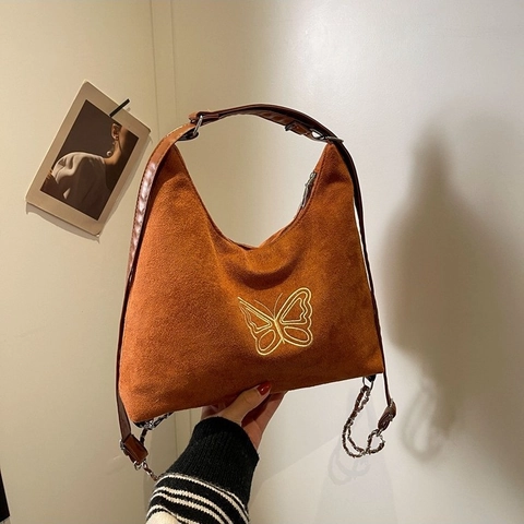 Damen Vintage Schmetterling Bestickt Hobo Schultertasche Große Kapazität Wildleder-Optik PU Leder Tote Bag Mit Metallkette