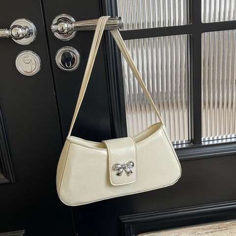Baguette Unterachseltasche Damen PU-Leder Silberne Schleife Dekor Elegante Französische Schultertasche Für Den Alltag