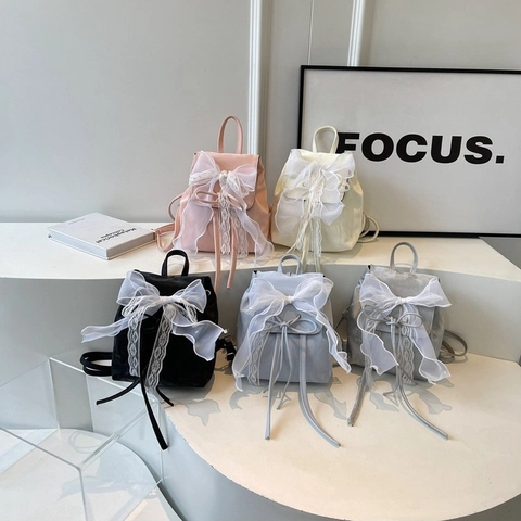 Mini Mochila Para Mujer Cuero PU Moda Estilo Balletcore Gran Decoración De Lazo De Encaje Cierre De Solapa