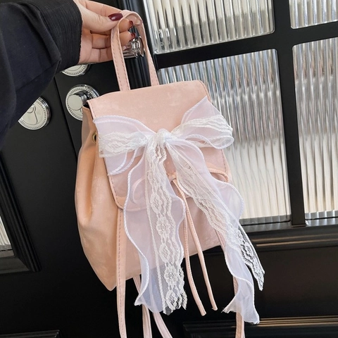 Mini Mochila Para Mujer Cuero PU Moda Estilo Balletcore Gran Decoración De Lazo De Encaje Cierre De Solapa