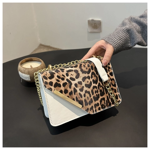 Leopard Print Crossbody Bag For Women PU Leather Splicing Gold Metal Chain Shoulder Bag Chic Flap Square Handbag