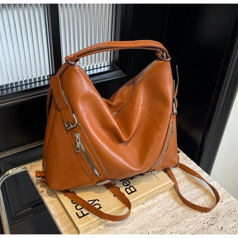 Women Large Capacity PU Leather Tote Bag With Polyester Lining Soft Retro Hobo Shoulder Bag With Multi Zipper For Commute