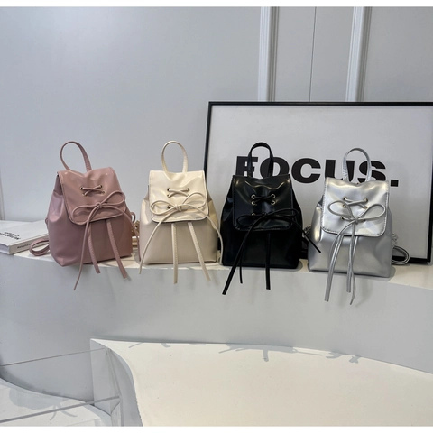 Fashion Women Mini PU Leather Backpack Solid Color Bow Knot Lacing Travel Small Satchel Shoulder Bag Minimalist Style