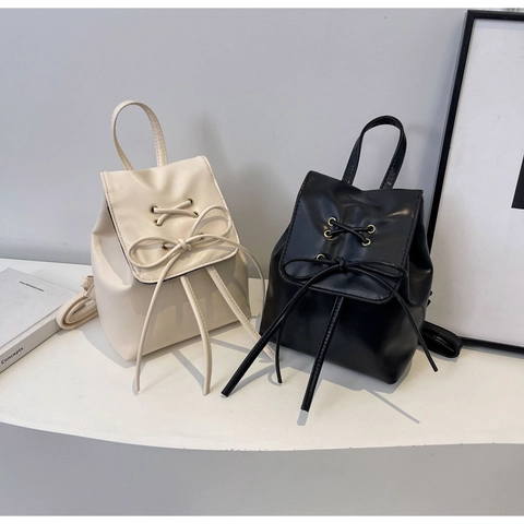 Fashion Women Mini PU Leather Backpack Solid Color Bow Knot Lacing Travel Small Satchel Shoulder Bag Minimalist Style