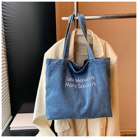 Bolso Tote De Mezclilla Gran Capacidad Bordado Bolso De Hombro Para Mujeres Retro Casual Streetwear Viaje