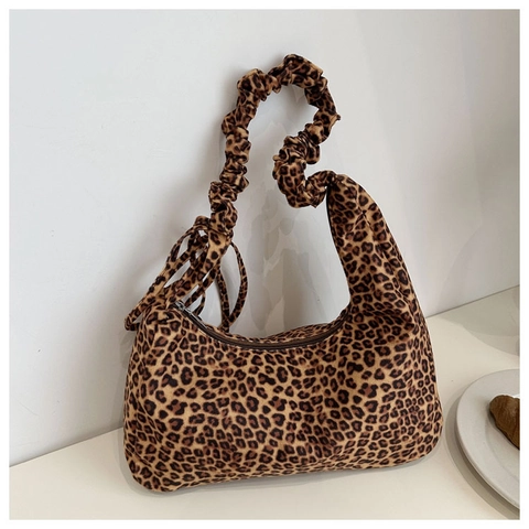 Borsa Hobo Stampa Leopardata Tela Manico Increspato Borsa Spalla Vintage Casual Donna Tote Grande Capacità