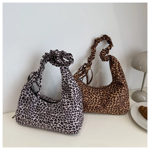 Borsa Hobo Stampa Leopardata Tela Manico Increspato Borsa Spalla Vintage Casual Donna Tote Grande Capacità