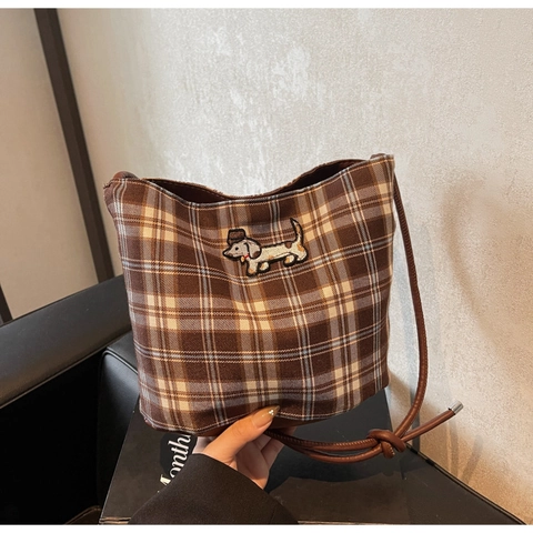 Sac Seau Vintage en Tissu Plaid Marron Avec Broderie de Chien Mignon Sac à Épaule Rétro Décontracté pour Femmes Travail Quotidien