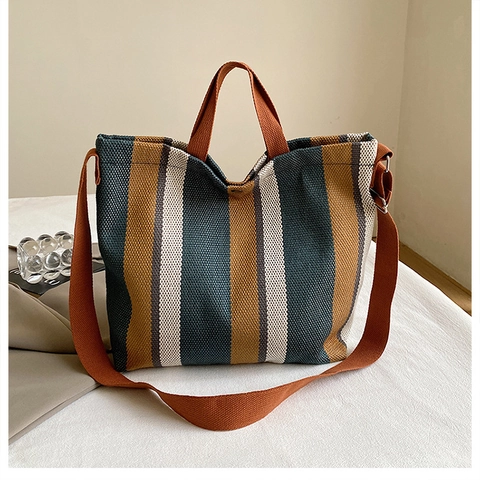 Gestreifte Canvas Tote Bag Große Handtasche Mit Verstellbarem Riemen Lässige Umhängetasche Für Damen